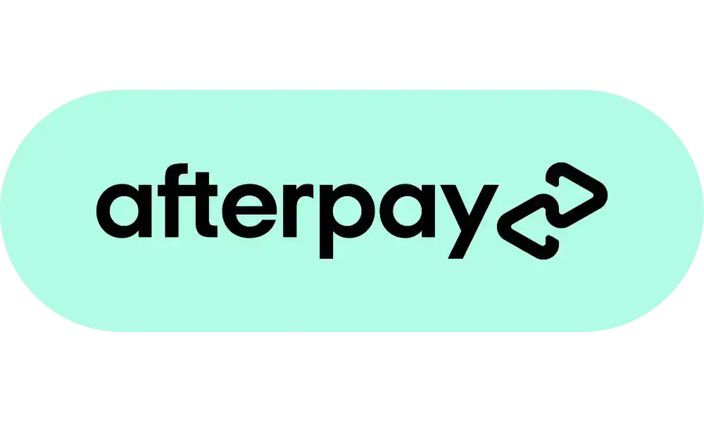 Black Afterpay logo on a mint green background.
