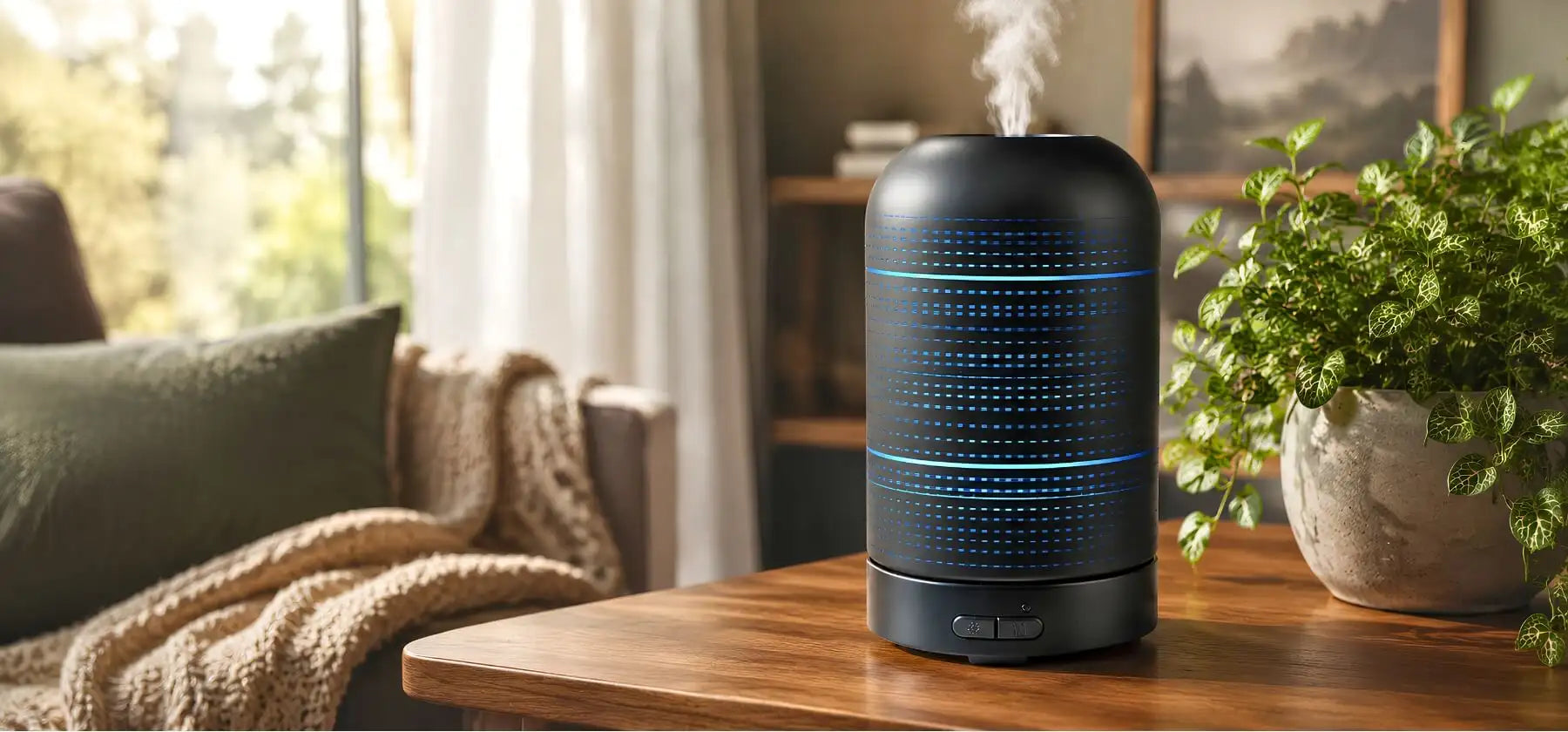 Black cylindrical essential oil diffuser with blue led lighting and a mist emitting from the top.
