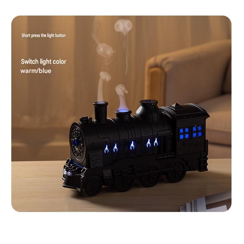 Black Retro Train Aromatherapy Humidifier - 300ml Ultrasonic Cool Mist Diffuser with Jellyfish Smoke Ring Led Night