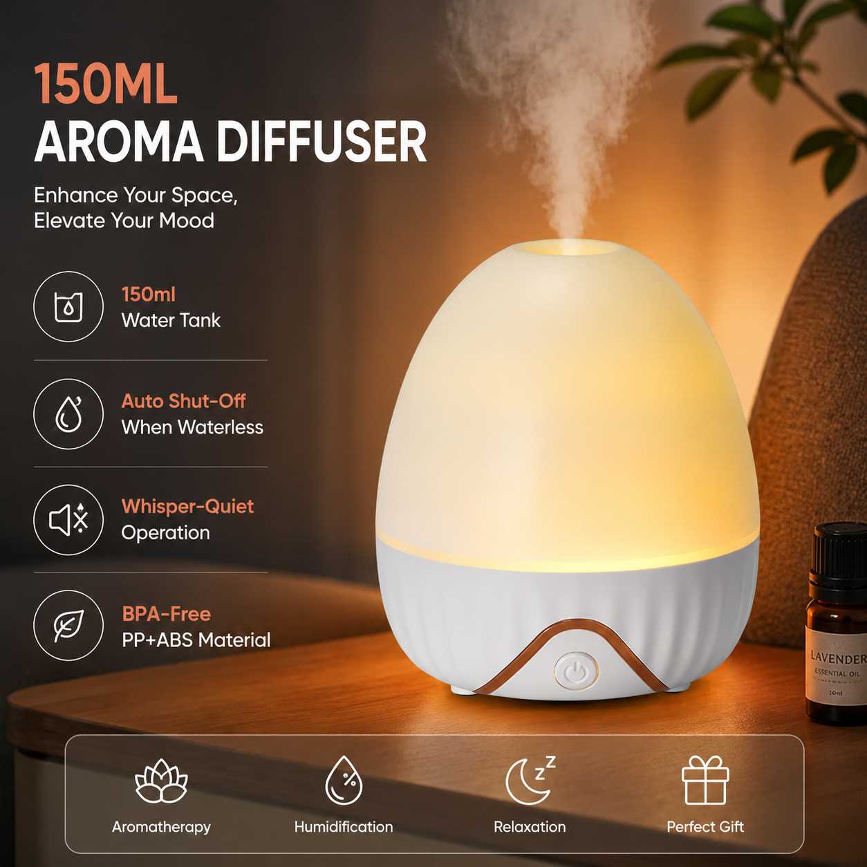 White Bud-shaped Aroma Diffuser 150ml Ultrasonic Aroma Diffuser Humidifier with Night Light – Essential Oil Fragrance