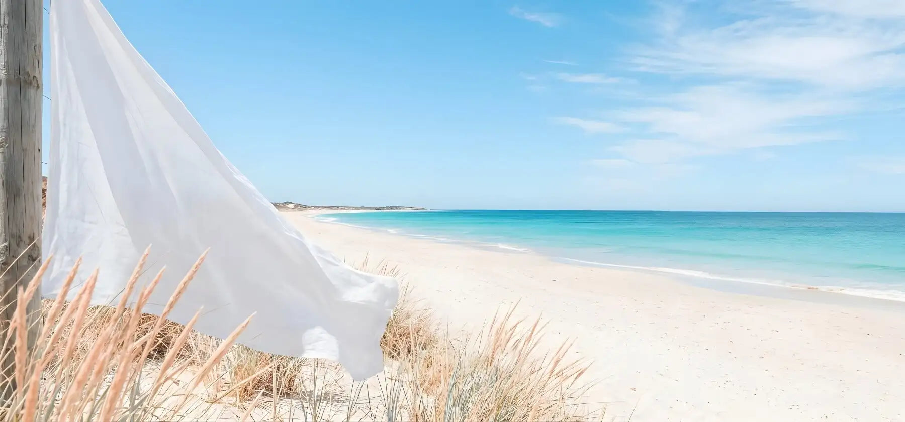 A flowing white fabric drapes gracefully in the breeze beside golden beach grass.