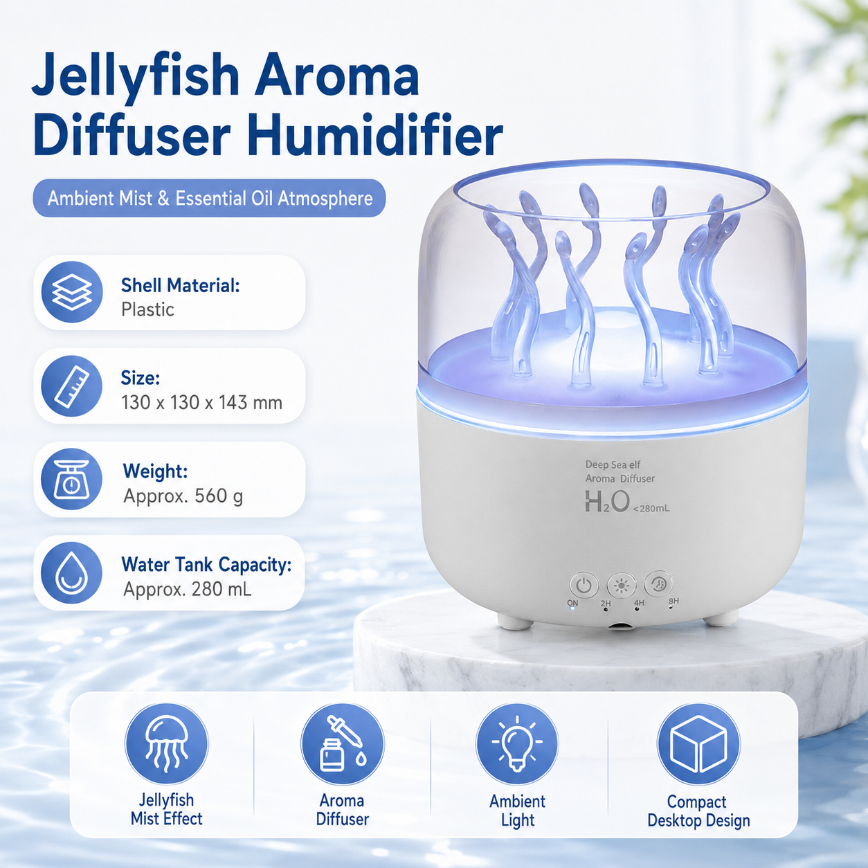 White Jellyfish Aroma Diffuser Humidifier Led Night Light 280ml Usb Essential Oil Diffuser with 3 Timing Modes Color