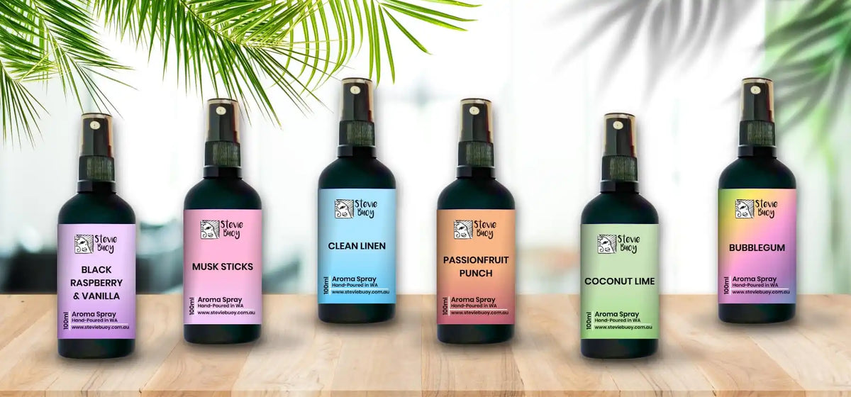 Aroma spray bottles with various scents.