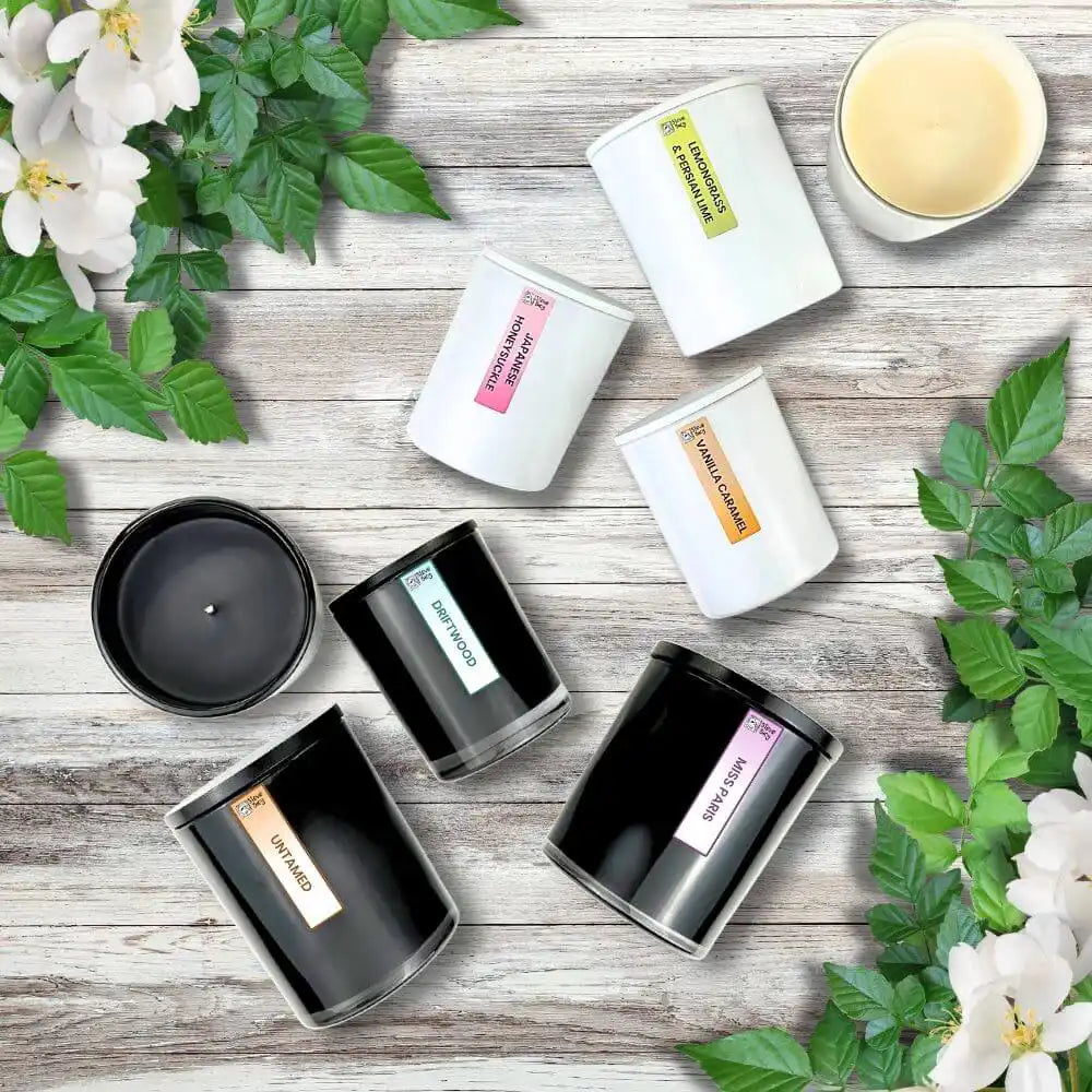 Assorted scented candles.