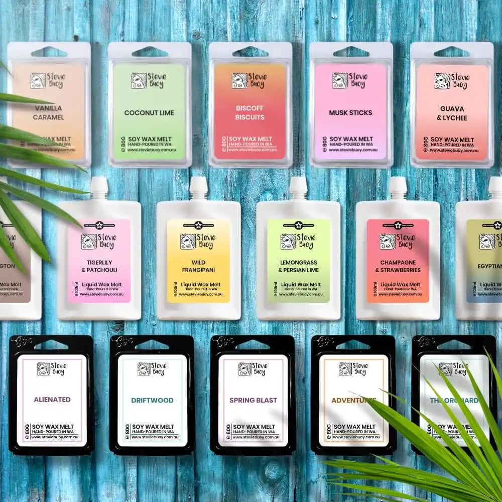 Assorted Steve Bey soy wax melts and liquid wax melts.