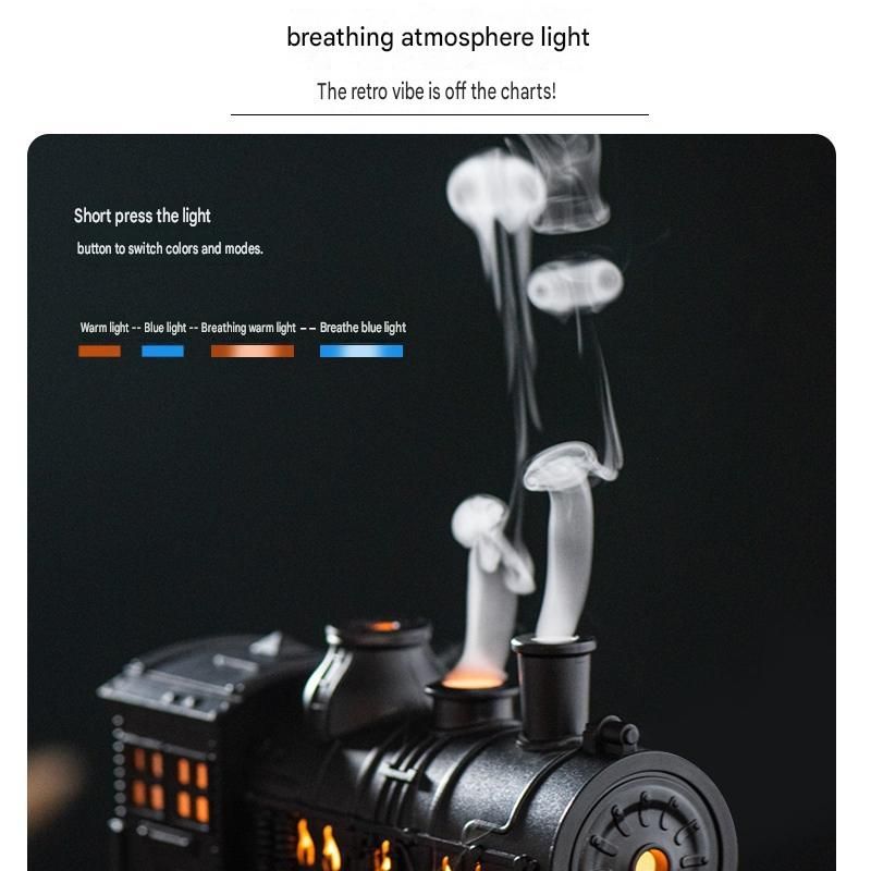 Black Retro Train Aromatherapy Humidifier - 300ml Ultrasonic Cool Mist Diffuser with Jellyfish Smoke Ring Led Night