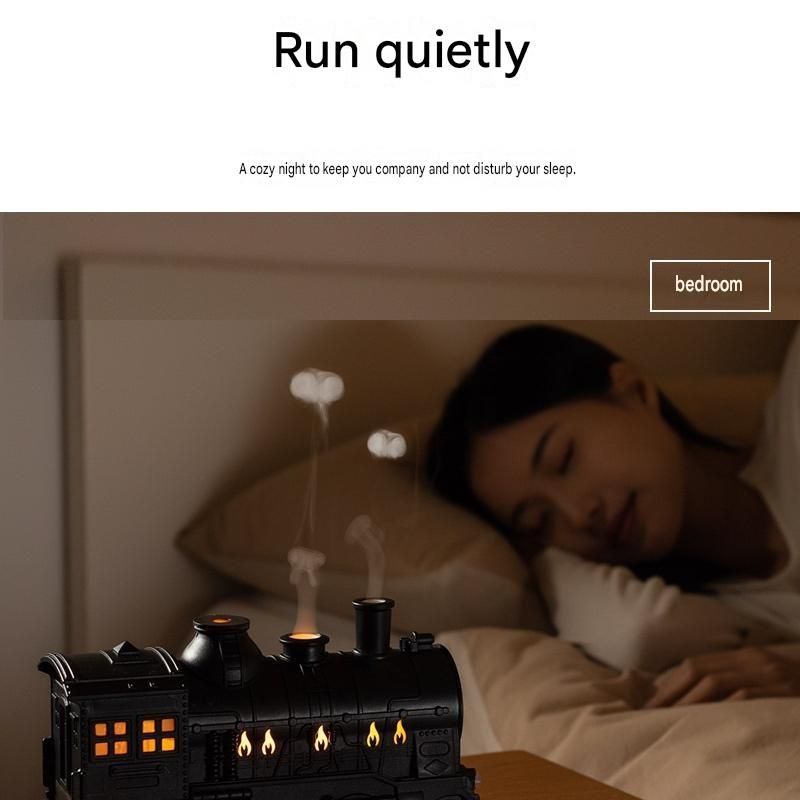 Black Retro Train Aromatherapy Humidifier - 300ml Ultrasonic Cool Mist Diffuser with Jellyfish Smoke Ring Led Night