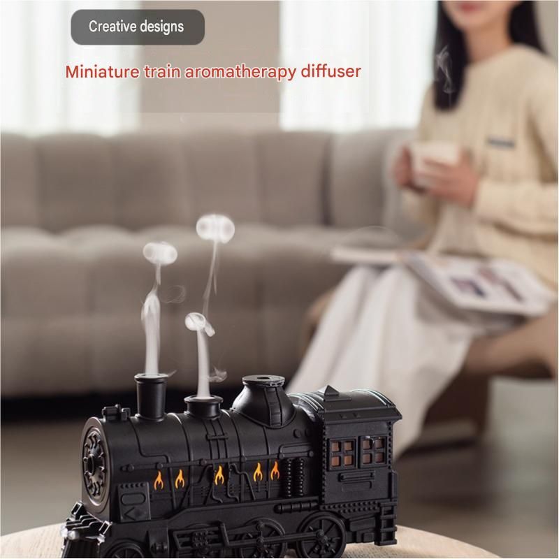 Black Retro Train Aromatherapy Humidifier - 300ml Ultrasonic Cool Mist Diffuser with Jellyfish Smoke Ring Led Night