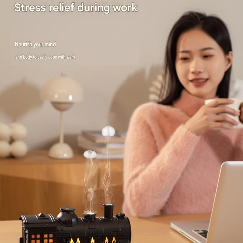 Black Retro Train Aromatherapy Humidifier - 300ml Ultrasonic Cool Mist Diffuser with Jellyfish Smoke Ring Led Night