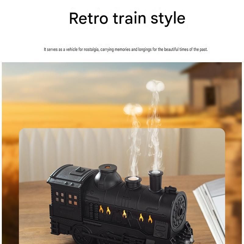 Black Retro Train Aromatherapy Humidifier - 300ml Ultrasonic Cool Mist Diffuser with Jellyfish Smoke Ring Led Night