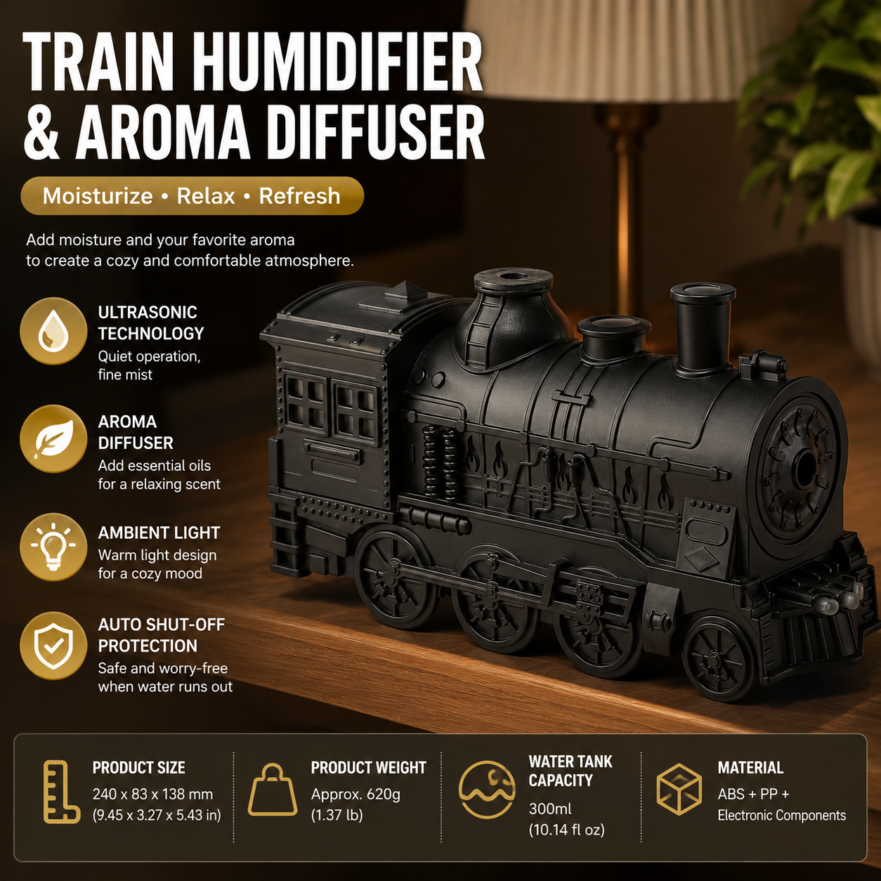 Black Retro Train Aromatherapy Humidifier - 300ml Ultrasonic Cool Mist Diffuser with Jellyfish Smoke Ring Led Night