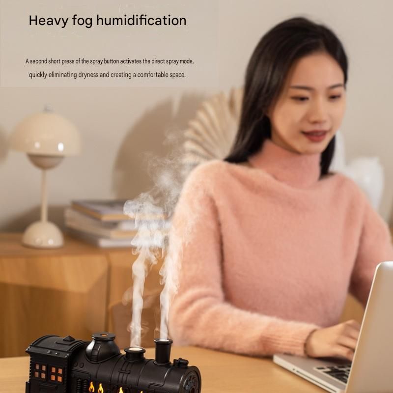Black Retro Train Aromatherapy Humidifier - 300ml Ultrasonic Cool Mist Diffuser with Jellyfish Smoke Ring Led Night