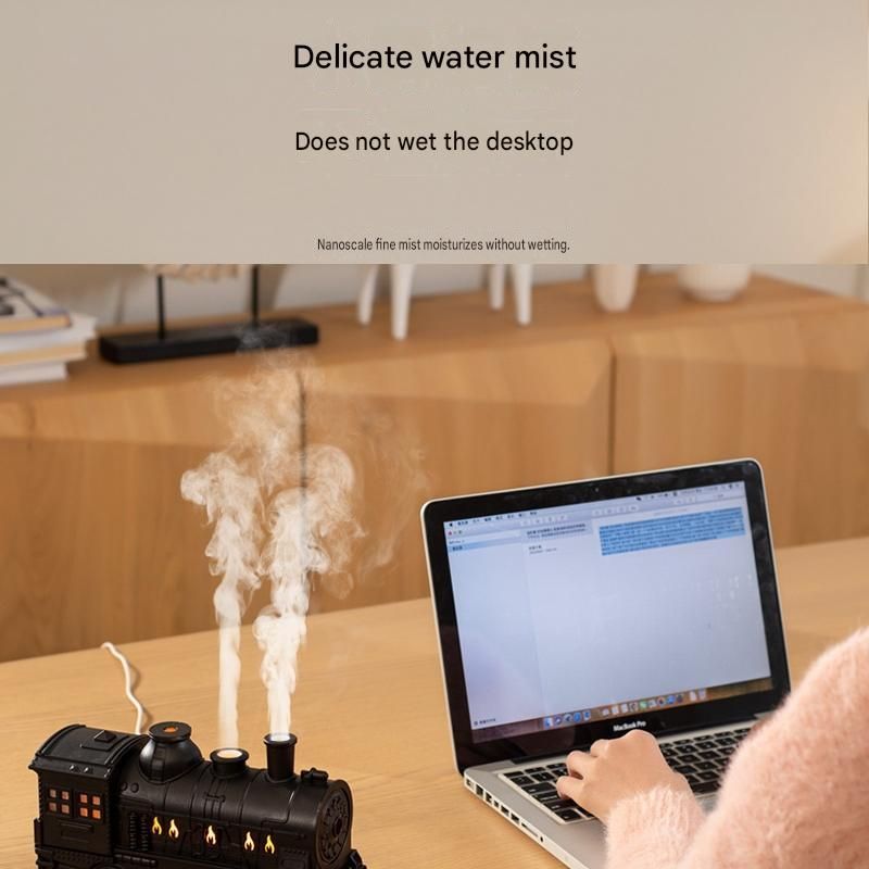 Black Retro Train Aromatherapy Humidifier - 300ml Ultrasonic Cool Mist Diffuser with Jellyfish Smoke Ring Led Night