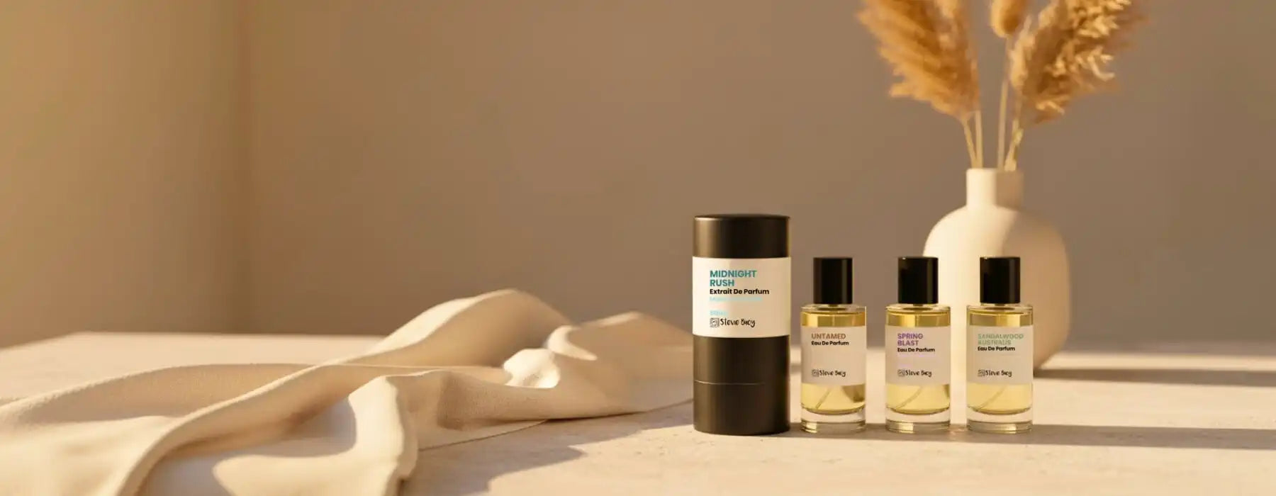 A collection of personal care products including a deodorant stick and three small bottles of fragrance.