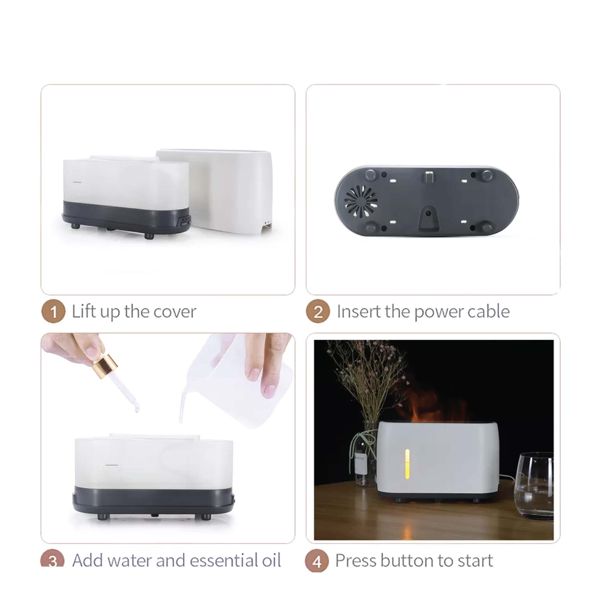Essential Oil Aroma Diffuser and Remote White 240ml Flame Fire Style Air Humidifier by Stevie Buoy