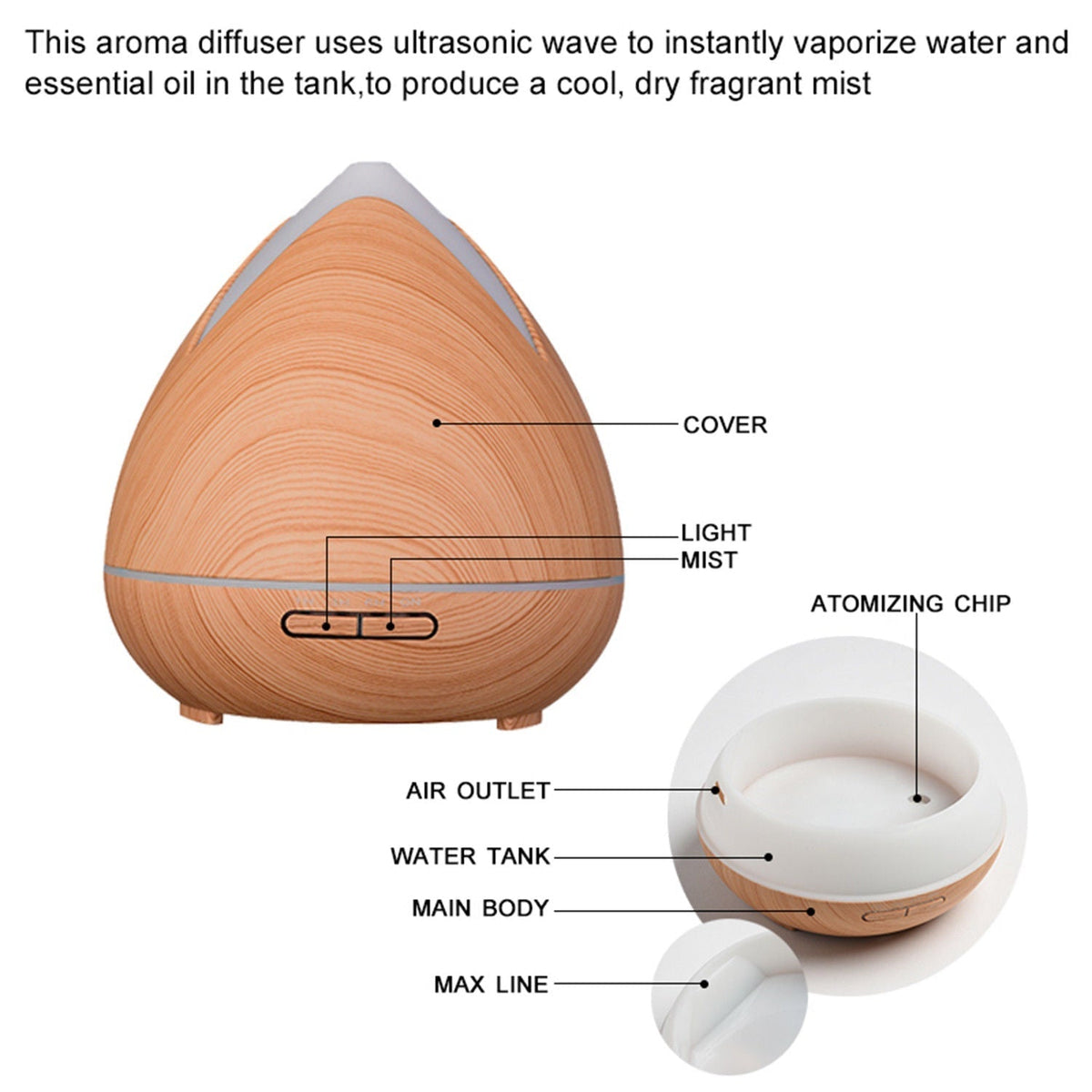 Essential Oils Ultrasonic Aromatherapy Diffuser Air Humidifier Purify 400ml - Light Wood - by Stevie Buoy