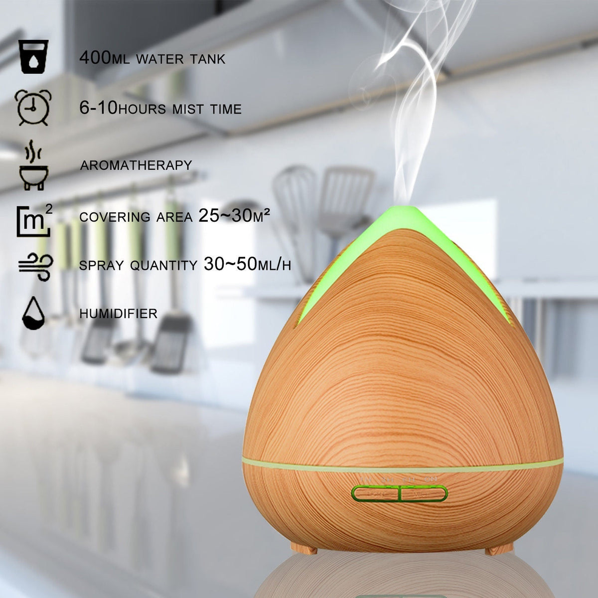 Essential Oils Ultrasonic Aromatherapy Diffuser Air Humidifier Purify 400ml - Light Wood - by Stevie Buoy