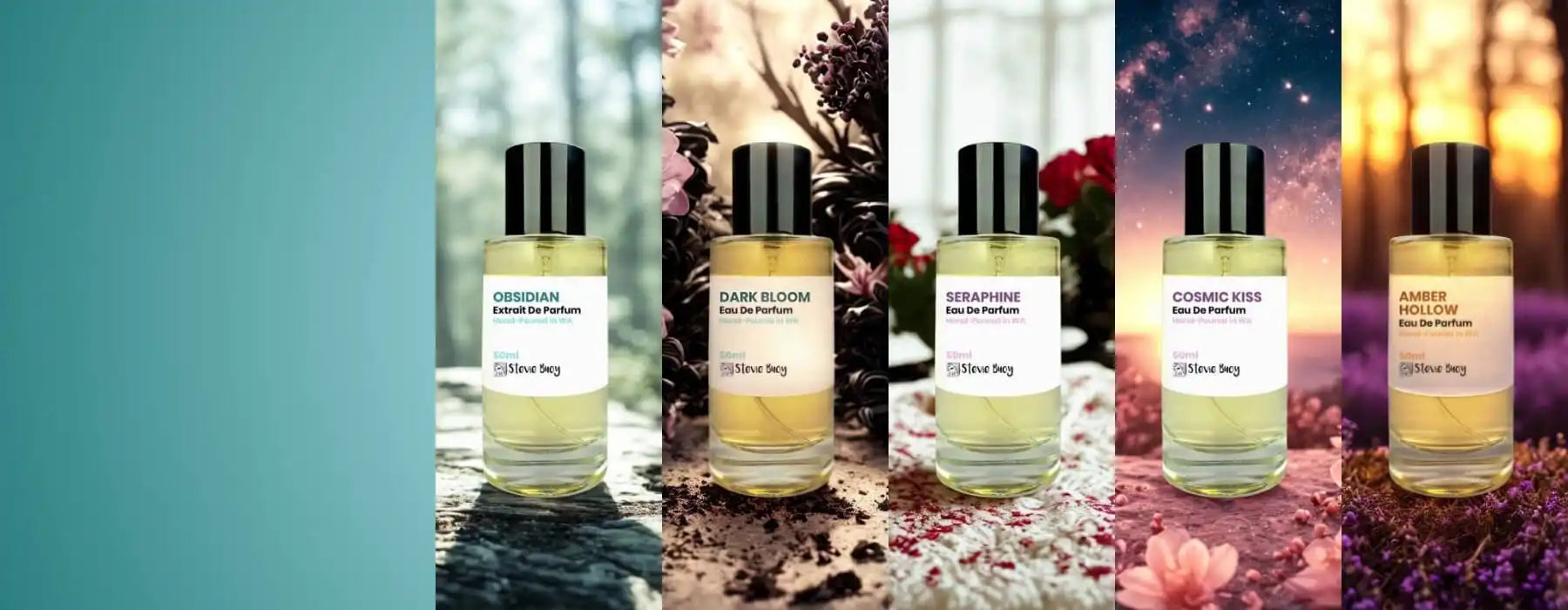 Five glass perfume bottles with black caps and light-colored liquid.