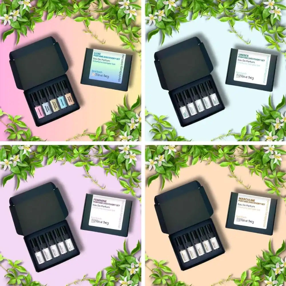 Four sets of perfume discovery kits, each containing five sample vials.