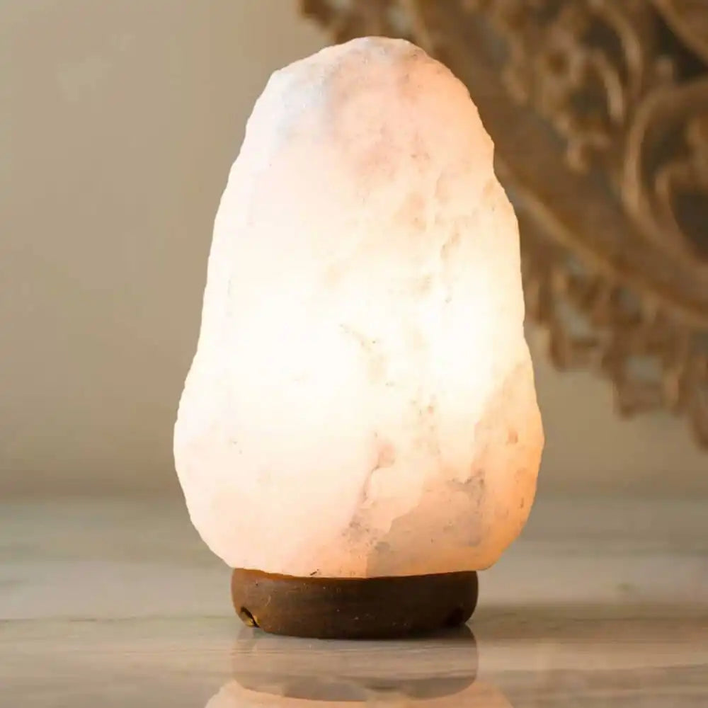 Illuminated Himalayan salt lamp.