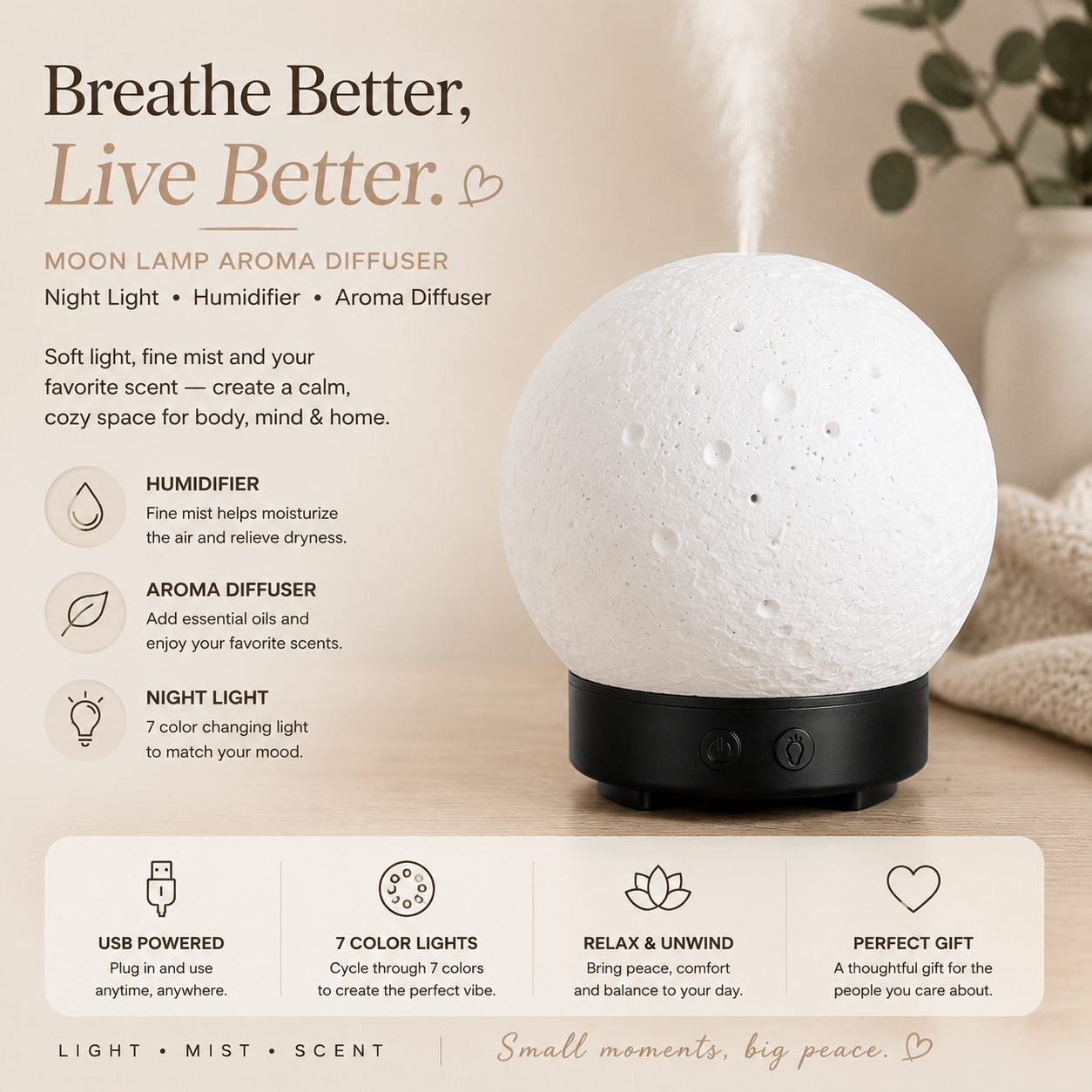 Moon Light Humidifier Aroma Diffuser (black Base) with Led Night Light Usb Desktop Essential Oil Diffuser Cool Mist