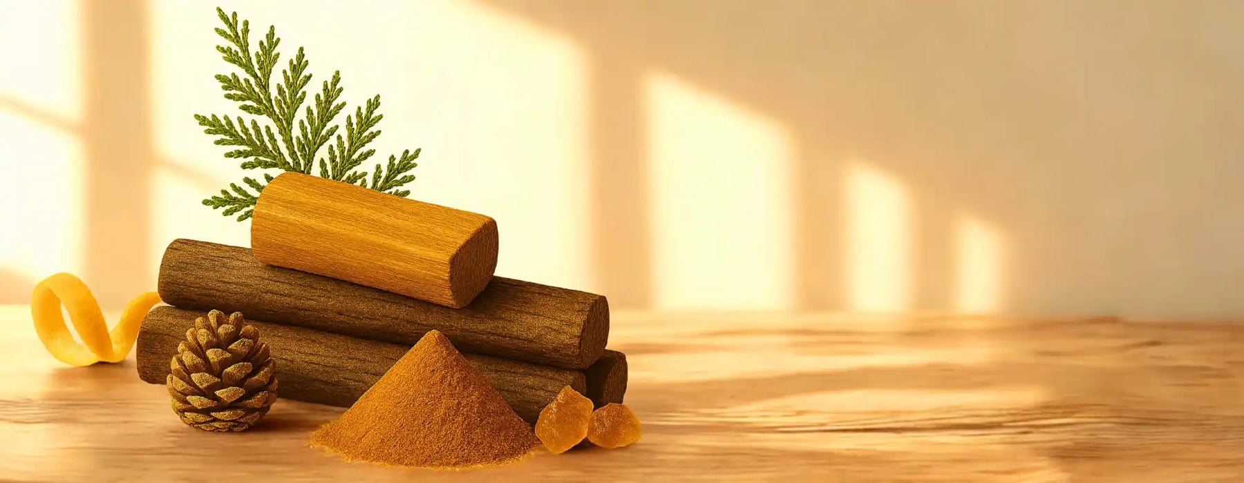 Sandalwood logs, powder, and essential oil with a pinecone and cedar sprig.