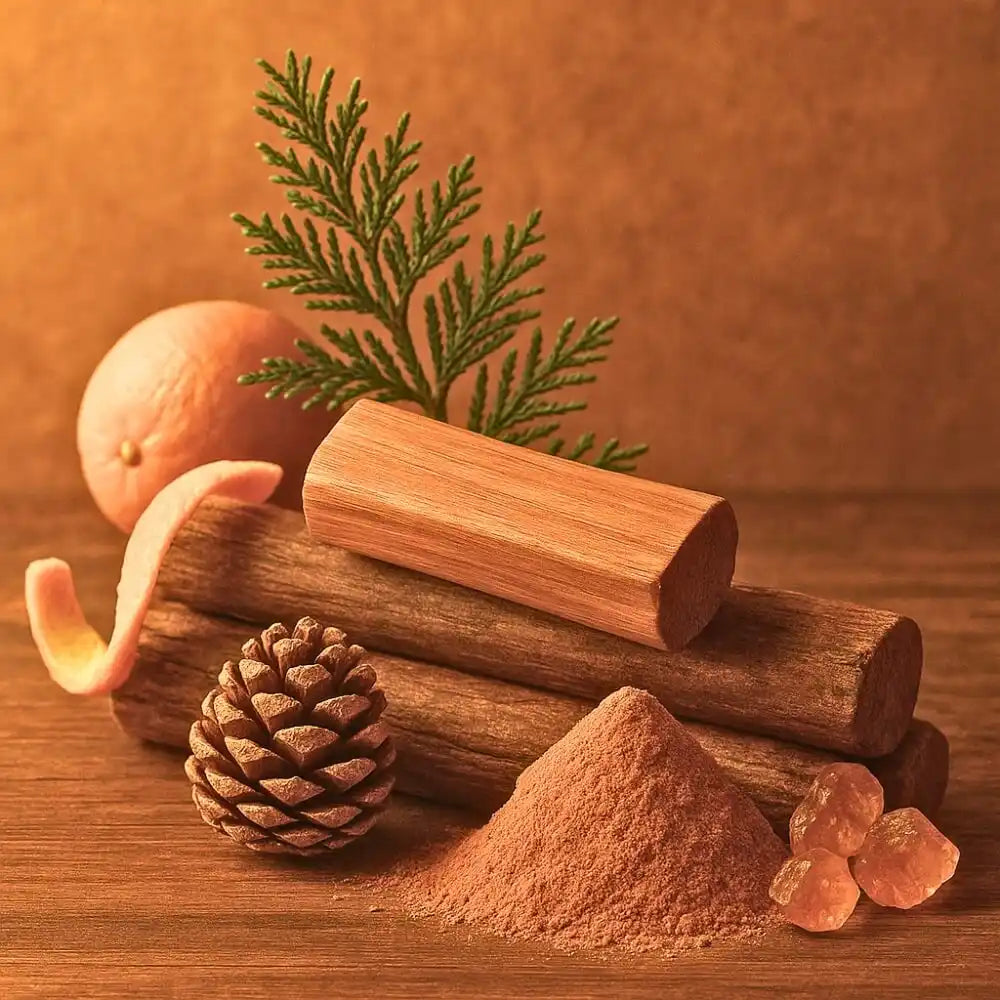 Sandalwood products including logs, a block, and powder, accompanied by a pinecone, orange, and tree branch.