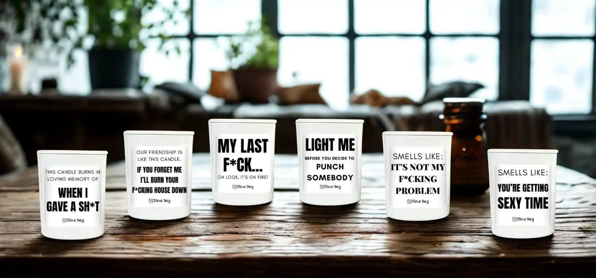 A set of six white candles in glass jars.